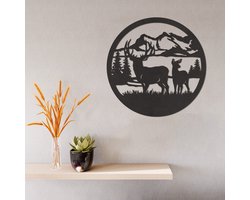 Wanddecoratie - Hert Landschap - Hout - Wall Art - Muurdecoratie - Woonkamer - Zwart - 29 x 29 cm