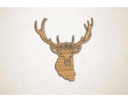 Wanddecoratie - Hertenkop met bloemen - M - 65x60cm - Eiken - muurdecoratie - Line Art