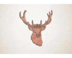 Wanddecoratie - Hertenkop met bloemen - S - 49x45cm - Multiplex - muurdecoratie - Line Art