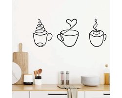 Wanddecoratie Koffie – Set van 3 – Metalen Koffiekopjes – Minimalistisch Design – Zwart – 20,3 x 15,8 cm