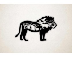 Wanddecoratie - Leeuw met wilde dieren - XS - 19x30cm - Zwart - muurdecoratie - Line Art