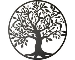 Wanddecoratie - Levensboom - Metalen wanddecoratie - Hangend - Geschikt voor tuin, huis, slaapkamer, woonkamer - 40 cm - Rond - Zwart