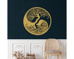 Wanddecoratie | Levensboom Yin Yang / Tree of Life Yin Yang | Metal - Wall Art | Muurdecoratie | Woonkamer | Buiten Decor |Gouden| 45x45cm