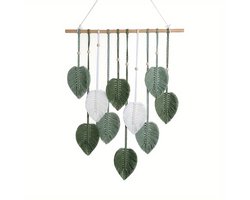 Wanddecoratie - Macramé - Bohemian - Handgeweven - Blad - Macrame - Natuurlijk Groen Thema - Houten Kralen - Veer Accenten - Boho - Woonaccessoire - Slaapkamer - Woonkamer - Kantoor - Uniek Cadeau - Kerstmis - Pasen