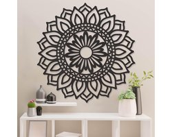 Wanddecoratie - Mandala Zonnebloem - Hout - Wall Art - Muurdecoratie - Woonkamer - Zwart - 59 x 59 cm