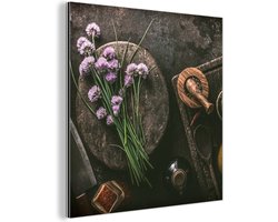 Wanddecoratie Metaal - Aluminium Schilderij Industrieel - Bieslook - Keuken - Vijzel - Rustiek - Kruiden - Paars - 20x20 cm - Dibond - Foto op aluminium - Industriële muurdecoratie - Voor de woonkamer/slaapkamer