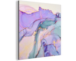 Wanddecoratie Metaal - Aluminium Schilderij Industrieel - Goud - Marmer - Paars - 50x50 cm - Dibond - Foto op aluminium - Industriële muurdecoratie - Voor de woonkamer/slaapkamer