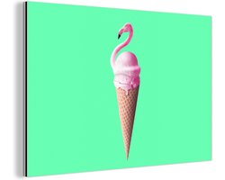 Wanddecoratie Metaal - Aluminium Schilderij Industrieel - IJshoorntjes - IJs - Flamingo - Roze - Groen - 90x60 cm - Dibond - Foto op aluminium - Industriële muurdecoratie - Voor de woonkamer/slaapkamer