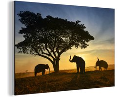 Wanddecoratie Metaal - Aluminium Schilderij Industrieel - Silhouet van Thaise olifanten tijdens zonsopgang - 60x40 cm - Dibond - Foto op aluminium - Industriële muurdecoratie - Voor de woonkamer/slaapkamer