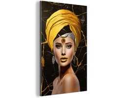 Wanddecoratie Metaal - Aluminium Schilderij Industrieel - Vrouw - Abstract - Geel - 100x150 cm - Dibond - Foto op aluminium - Industriële muurdecoratie - Voor de woonkamer/slaapkamer