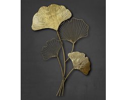 Wanddecoratie Metaal Gingko | 3D Decoratief Goud | Wanddecoratie Bladeren | Perfecte Woonkamerdecoratie | 46 x 75 cm