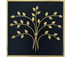 Wanddecoratie | Metalen Muurdecoratie met Gouden Blad en Zwarte Basis en Frame | Modern Botanisch Ontwerp | 50 X 50 CM | Wanddecoratie met 3D | Wandbord | wandversiering |