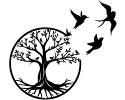 Wanddecoratie- metalen wanddecoratie-wanddecoratie woonkamer-metalen wanddecoratie zwart-metalen wanddecoratie vogels-wanddecoratie metaal-wanddecoratie tuin-Metalen silhouet- muurdecoratie-voor balkon, tuin, woonkamer-Vogel-Levensboom-30x30cm