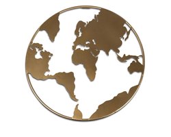 Wanddecoratie - Muur Decoratie - Ø 60cm - Wereld - Goud- Metaal