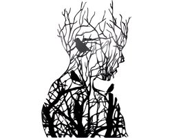 Wanddecoratie - muurdecoratie - Wall Art - Line art - wandecoratie woonkamer - Boomtak vrouw silhouet - zwart wit - Metaal - 30*21cm