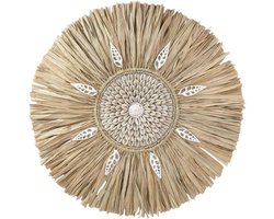 Wanddecoratie Raffia Schelpen - Boheemse Muurkunst - Woonkamer Aankleden - Handgemaakt Uniek Stuk - Ø 30 cm - Wit