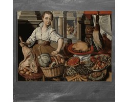 Wanddecoratie / Schilderij / Poster / Doek / Schilderstuk / Muurdecoratie / Fotokunst / Tafereel Keukenstuk met op de achtergrond Jezus bij Martha en Maria - Joachim Bueckelaer gedrukt op Dibond