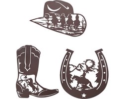 Wanddecoratie Set 3: Cowboy Laarzen Hoefijzer en Western Hoed Metaal