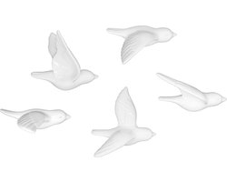 Wanddecoratie set: 5 vogels, 14 cm van porselein keramiek hangend, woonkamer, kinderkamer, babykamer, slaapkamer, esthetisch, boho, cadeau, Pasen, paasdecoratie, lentedecoratie (wit-glanzend)