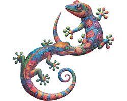 Wanddecoratie set Gecko hagedis - 2x stuks - kleurenmix - metaal - muur/schutting/tuin
