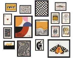 Wanddecoratie set - Muurschilderingen prints - Ruimte verfraaien - Eclectisch maximalistisch design - 16 stuks - Multicolor