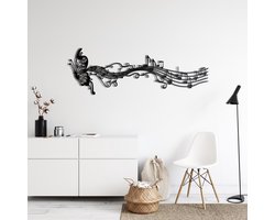 Wanddecoratie |Vlinder- en Melodienoten / Butterfly and Melody Notes | Metal - Wall Art | Muurdecoratie | Woonkamer | Buiten Decor |Zwart| 100x34cm