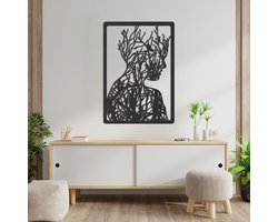Wanddecoratie - Vrouw Uit Takken En Bomen - Dieren - Hout - Wall Line Art - Muurdecoratie - Woonkamer - Slaapkamer - Om Aan De Muur Te Hangen - Zwart - 85 x 59 cm