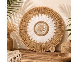 Wanddecoratie – Wandbord Naturel & Wit – Witte Veren – Boho Muurdecoratie – Handgemaakt in Bali – Ø45 cm – Pure Bali Living