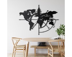 Wanddecoratie |Wereldkaart Berg/ World Map Mountain  decor | Metal - Wall Art | Muurdecoratie | Woonkamer |Zwart| 98x75cm