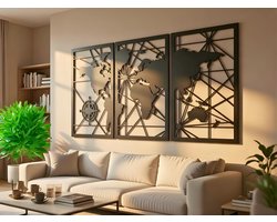 Wanddecoratie Wereldkaart, Houten Wandbeeld, 3D Wanddecoratie voor Thuis, Moderne Beelden voor Huis Kantoor Slaapkamer, Woonkamer - 75x38 cm