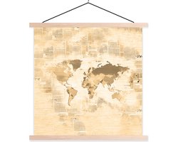 Wanddecoratie - Wereldkaart - Vintage - Krantenpapier - Schoolplaat - 60x60 cm - Textielposter - Textiel poster