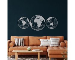 Wanddecoratie | Wereldkaart / World Map| Metal - Wall Art | Muurdecoratie | Woonkamer | Buiten Decor |Zilver| 38x50x38cm