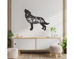 Wanddecoratie Wolf Bergen - Muurdecoratie Wolf Landschap - Muurdecoratie Hout - Wanddecoratie Landschap - Muurdecoratie Woonkamer - Wanddecoratie Woonkamer - Wanddecoratie Industrieel - Wanddecoratie Dieren - Home Decor - Wall Line Art - 70 x 59 cm