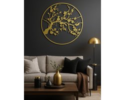 Wanddecoratie woonkamer - Japanse kersenbloesem -2 mm staal - goud kleurig gepoedercoat - groot 75cm doorsnede - uniek Nederlands design