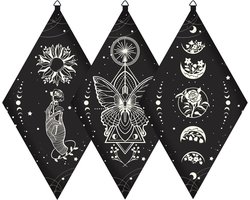 Wanddecoraties: houten slingers voor boho interieur - set van 3 - zwart met bloemen, vlinders en handen - wand ornamenten - muurkunst met tarot patronen - hekserij & Wicca altaar.