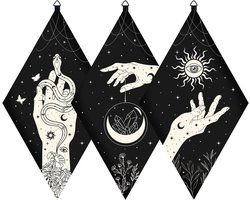 Wanddecoraties met Boho design - Houten slingerbord - Zwart - Slingerbord hand zon oog maan kristal slang - Muur ornament - Muurkunst met tarotpatronen - Hekserij - Wicca altaarbenodigdheden