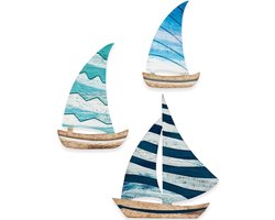 Wanddecoratieset - 3-delige zeilboten van hout - maritieme stijl - voor woonkamer of slaapkamer - SnelShoppen