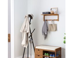 Wandgarderobe Bamboe 50 x 16 x 17,5 cm – Met Plank En 4 Haken – Naturel Hout – Wandmontage Voor Hal En Badkamer – 5 kg Draagvermogen