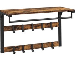 Wandgarderobe, Met Plank, Wandrek Met 10 Afneembare Haken, Hangrek, Wandmontage, 2 Garderobelijsten, Kledingstang, Voor Hal, Slaapkamer, Badkamer, Vintage Bruin-Zwart