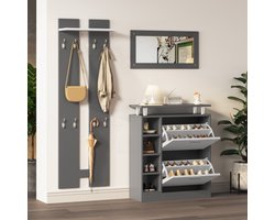 Wandgarderobe Set 80 x 25 x 96,5 cm, inclusief spiegel, 2 wandpanelen, een plankwand en een schoenkast, body antraciet grijze mat, gangmeubels, velddroogstand, bloemparadijs, schoenwisselaar set,