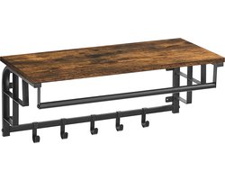 wandgarderobe, wandkast met legbord, wandkast met 5 uitneembare haken, 66 x 30 x 27 cm, hoedenplank, voor hal, slaapkamer, badkamer en woonkamer, vintage, donkerbruine LCR12BX