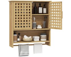 Wandgemonteerd badkamermeubel - Badkamermeubel - Kast - Met twee deuren met roosters, open planken en verstelbare planken - 62x20x66cm - Geschikt voor toiletartikelen, handdoeken en andere spullen - Natuurlijke houtkleur