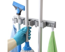 Wandgemonteerd Bezemrek van Zwaar Aluminium - Opbergrek met 3 Sleuven en 4 Haken voor Bezems & Dweilen - Stevige Muurbevestiging voor Keuken, Badkamer, Garage