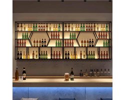 Wandgemonteerd LED wijnrek met glazenhouder en flessenopslag 150 x 20 x 125 cm – industrieel zwart metalen zwevend wijnrek voor wijnflessen (50+ capaciteit), bar, keuken, restaurant – HomebyNicole