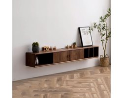 Wandgemonteerd TV Meubel 180x25x25 cm – Zwevend TV Kastje Walnoot Hout met Deuren en Open Vakken – Floating Media Console met Kabelmanagement – Modern Design – HomebyNicole