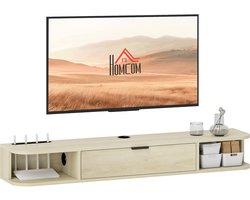 Wandgemonteerd tv - meubel - tv - standaard voor televisies tot 60 inch - uitklapbare lade - 2 planken - 120x24x16 cm - naturel hout