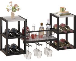 Wandgemonteerd wijnrek met 3 niveaus en 6 glazenhouders – stijlvol metalen en houten wandrek voor keuken, bar, restaurant of woonkamer