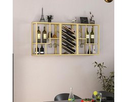 Wandgemonteerd Wijnrek met Glashouder 137 x 30 x 60 cm – Zwevend Industrieel Wijnschap voor Wijnflessen en Sterke Drank – Met Hangende Wijnglashouder en Opbergplanken – Zwart Metaal – HomebyNicole.