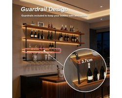Wandgemonteerd Wijnrek met LED Verlichting 400 cm – Zwevend Massief Hout & Metaal Wijnrek met Glashouder – Industriële Wand Bar Kast voor Wijnflessen – Keuken, Eetkamer & Huisbar – HomebyNicole