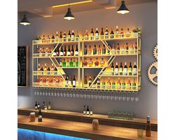 Wandgemonteerd wijnrek met LED verlichting en glazenhouder – Zwevend metalen wijnflessenrek & wandplank in industrieel design – Multifunctionele opberg- en displayoplossing voor keuken, bar, eetkamer en woonkamer | HomebyNicole